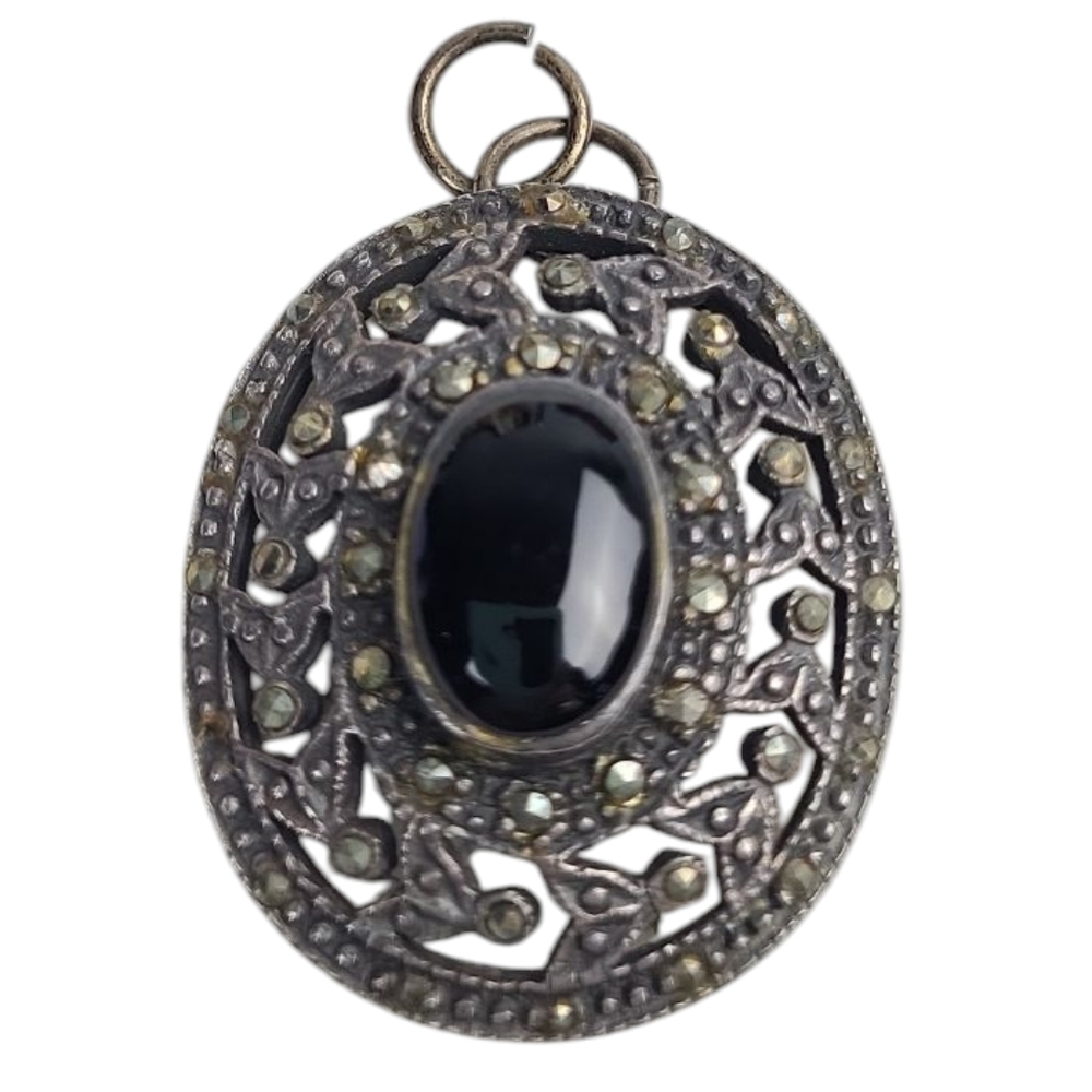 Vintage Sterling Silver .925 Black Onyx Marcasite Filigree Pendant